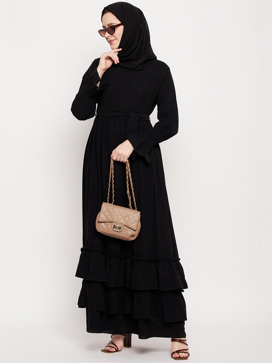 Nabia Women Black Frill Abaya Burqa with Black Georgette Scarf