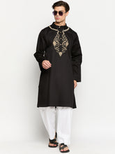 Embroidery Details Solid Long Sleeves Black Kurta for Men