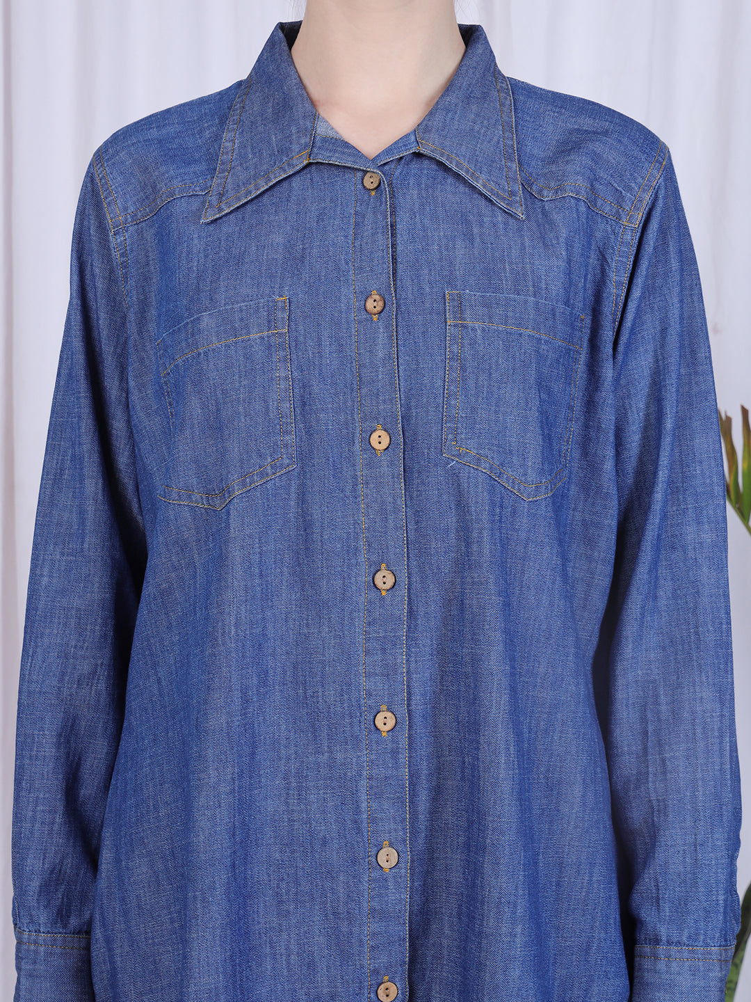 Blue Denim Front Open Modest Shirt For Women