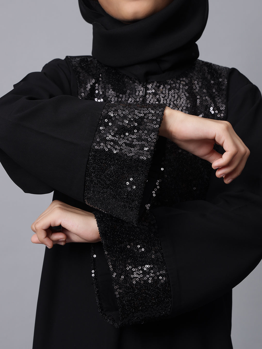 Nabia Black Sequin Detailing Solid Abaya for Modest Kids Girls
