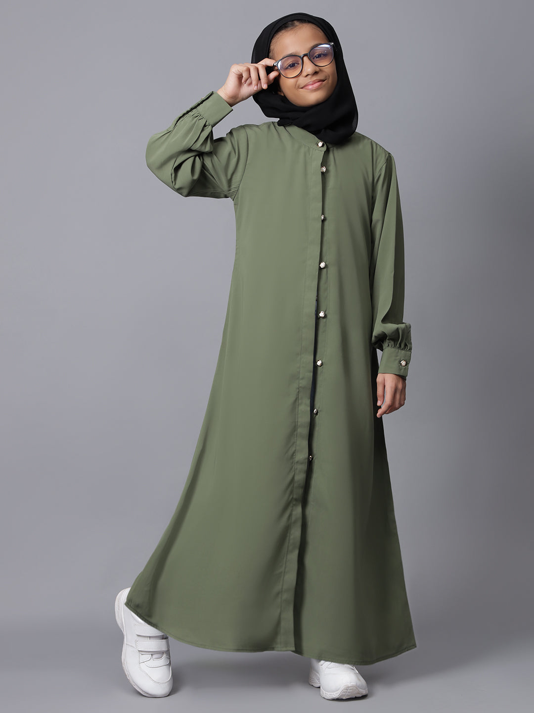 Nabia Jade Green Front Open Abaya for Modest Kids Girls
