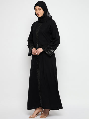 Nabia Embroidery Slip-On Closure Round Neck Black Abaya Burqa With Black Scarf