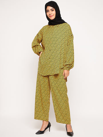 Nabia Yellow Printed Loose Fit co-ord set For Women