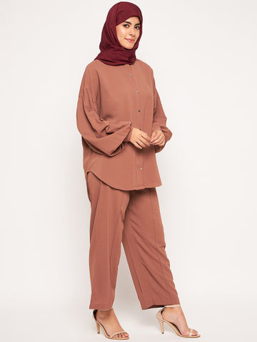 Nabia Rust Solid Cuffed Sleeves Co-ord Set for Women