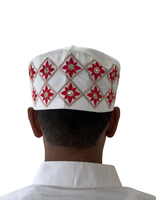 White Cotton Embroidered Kufi Cap