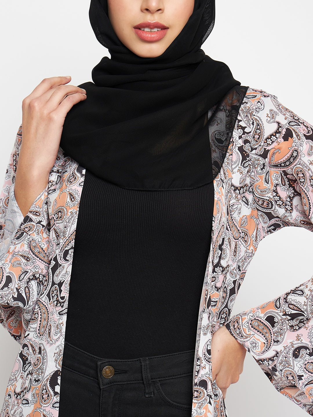 Multicolor Front Open Shrug with Black Scarf