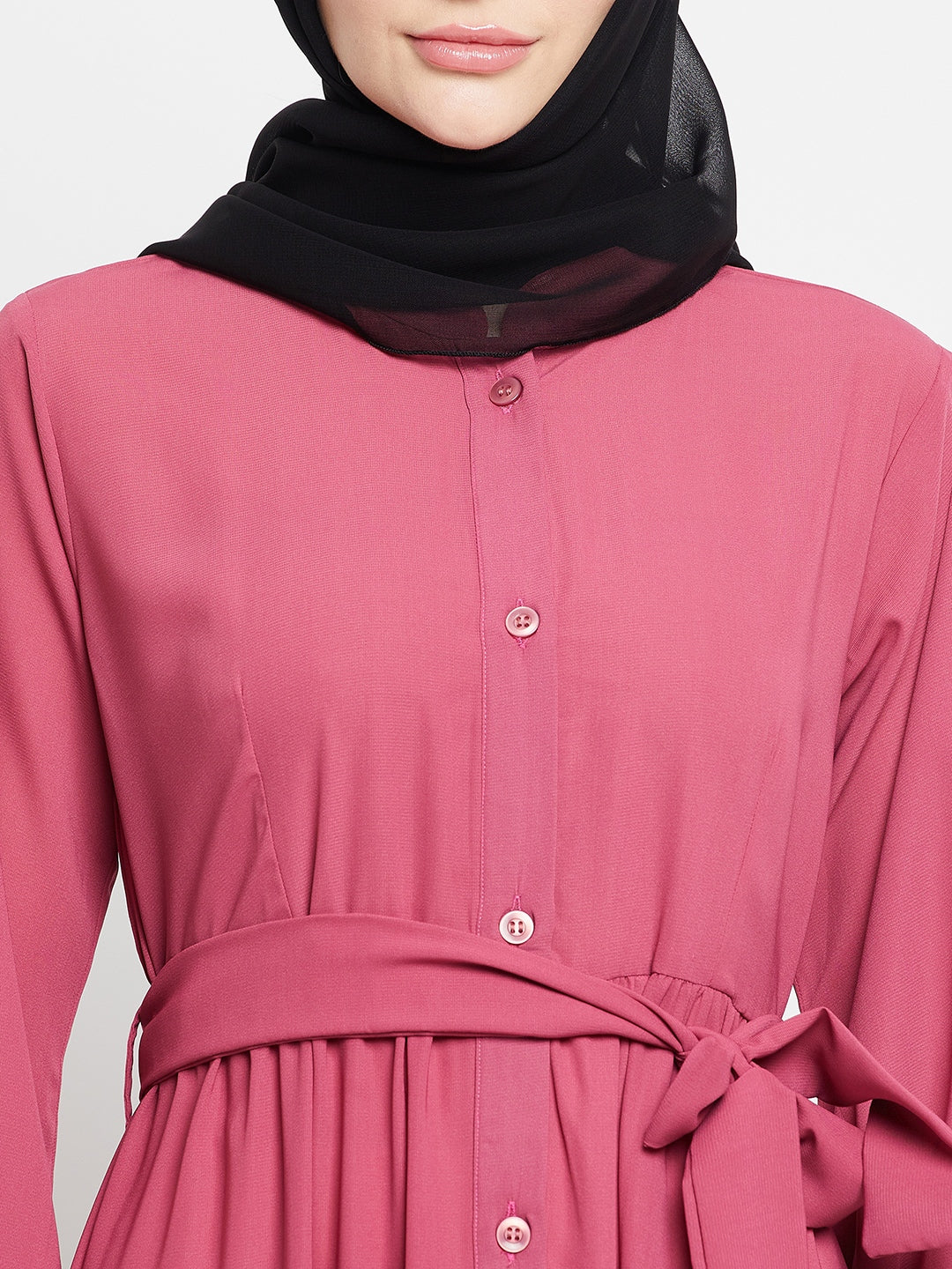 Pink Solid Front Open Frilled Abaya with Black Georgette Scarf