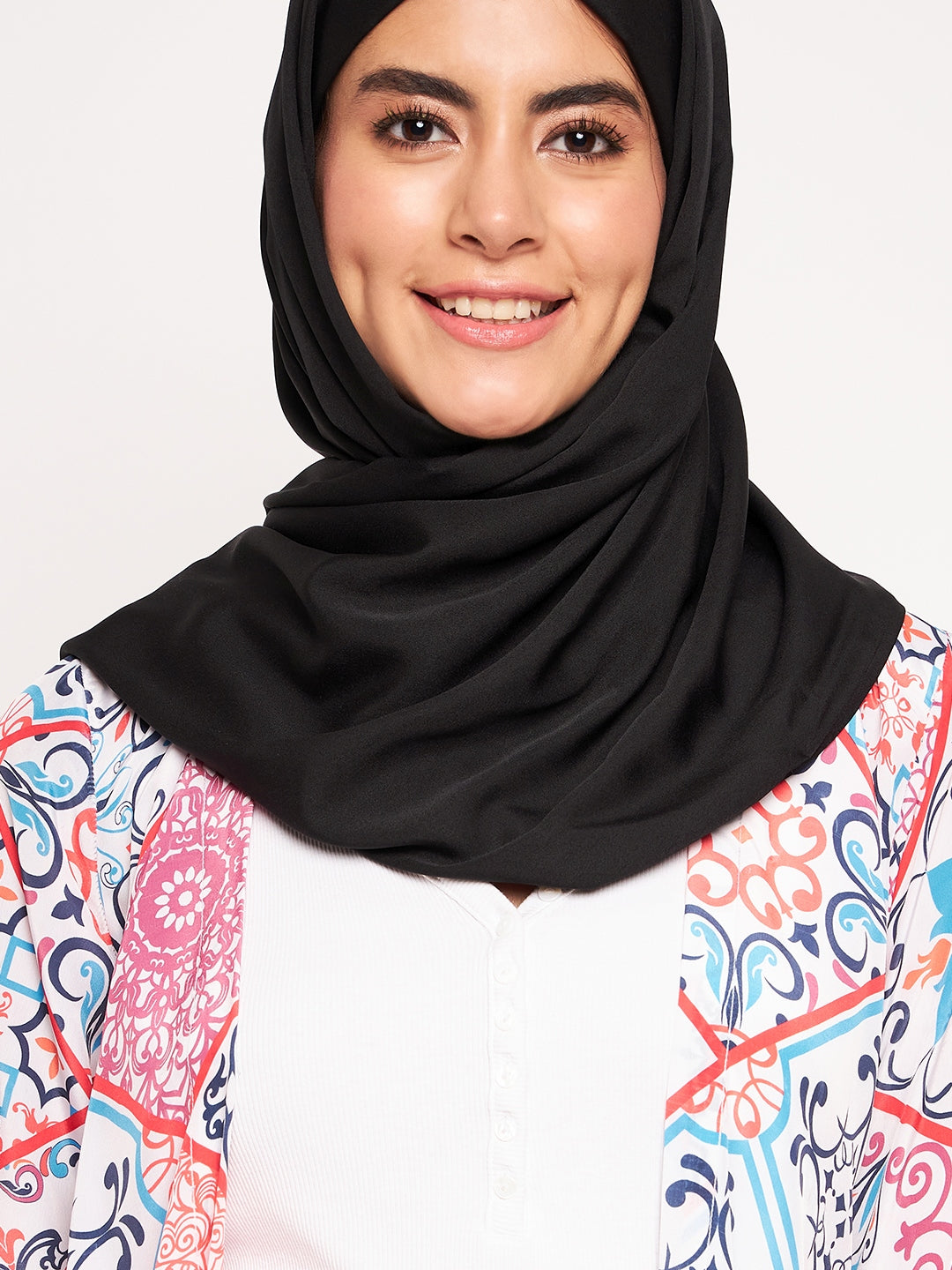 Nabia Multicolor Printed Front Open Shrug Abaya for Women with Black Scarf