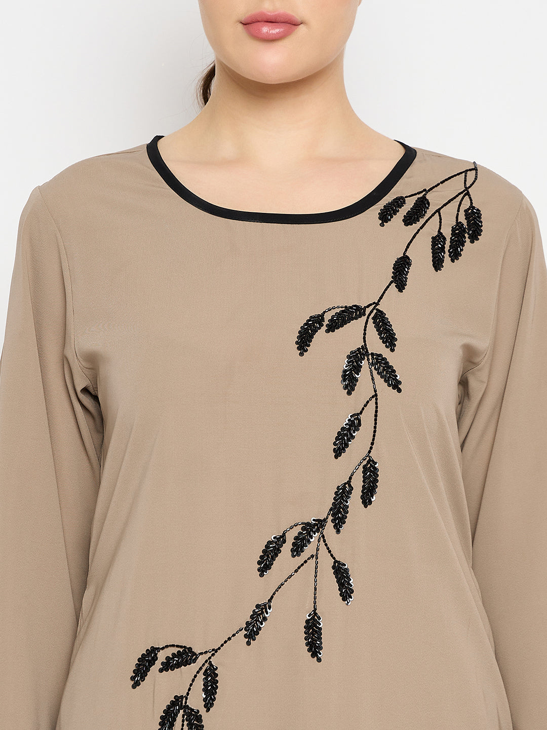 Nabia Beige Luxury Abaya with Hand Work Detailing