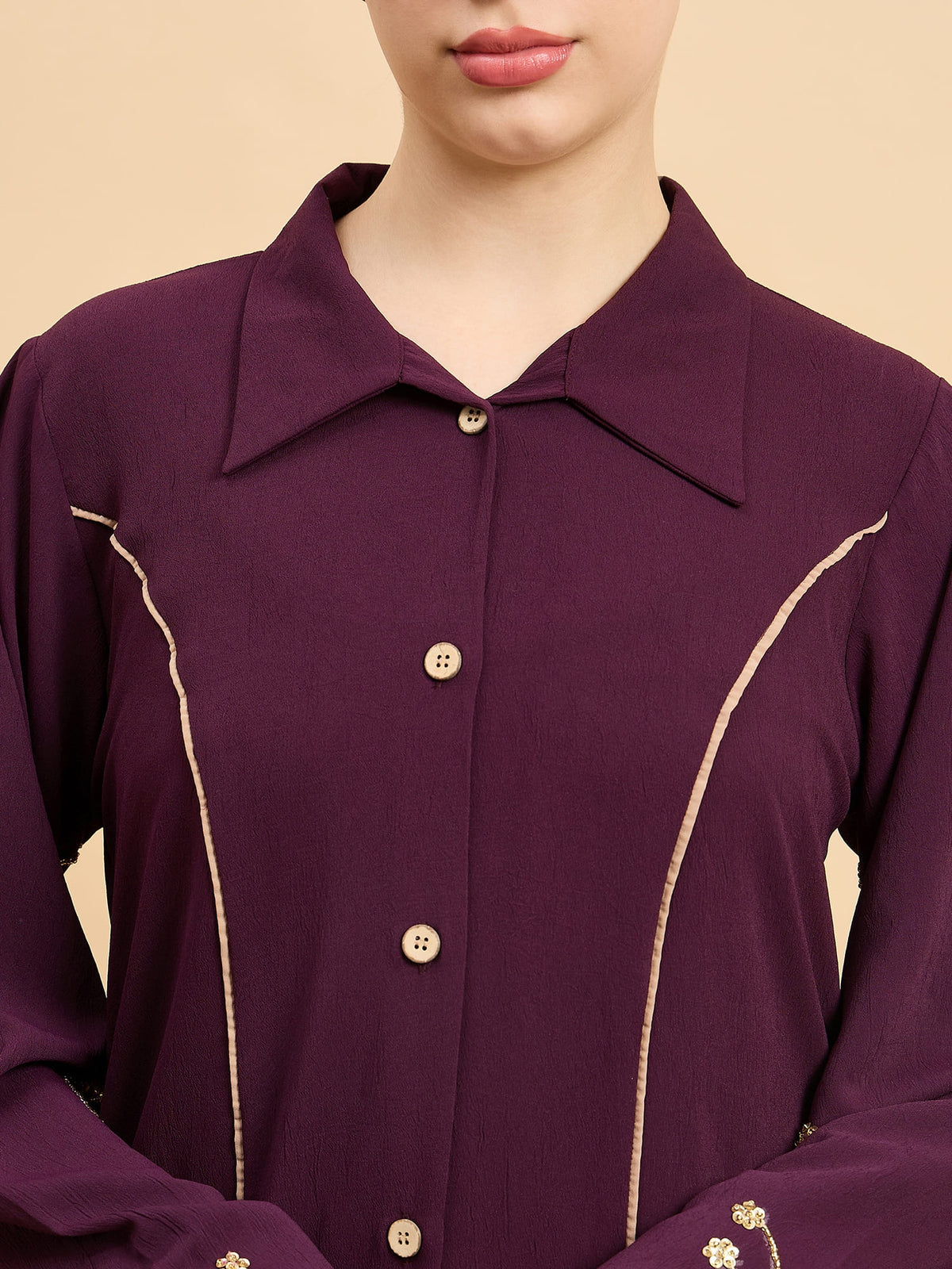Modest Luxury Front Open Purple Abaya with Beige Hijab for Women