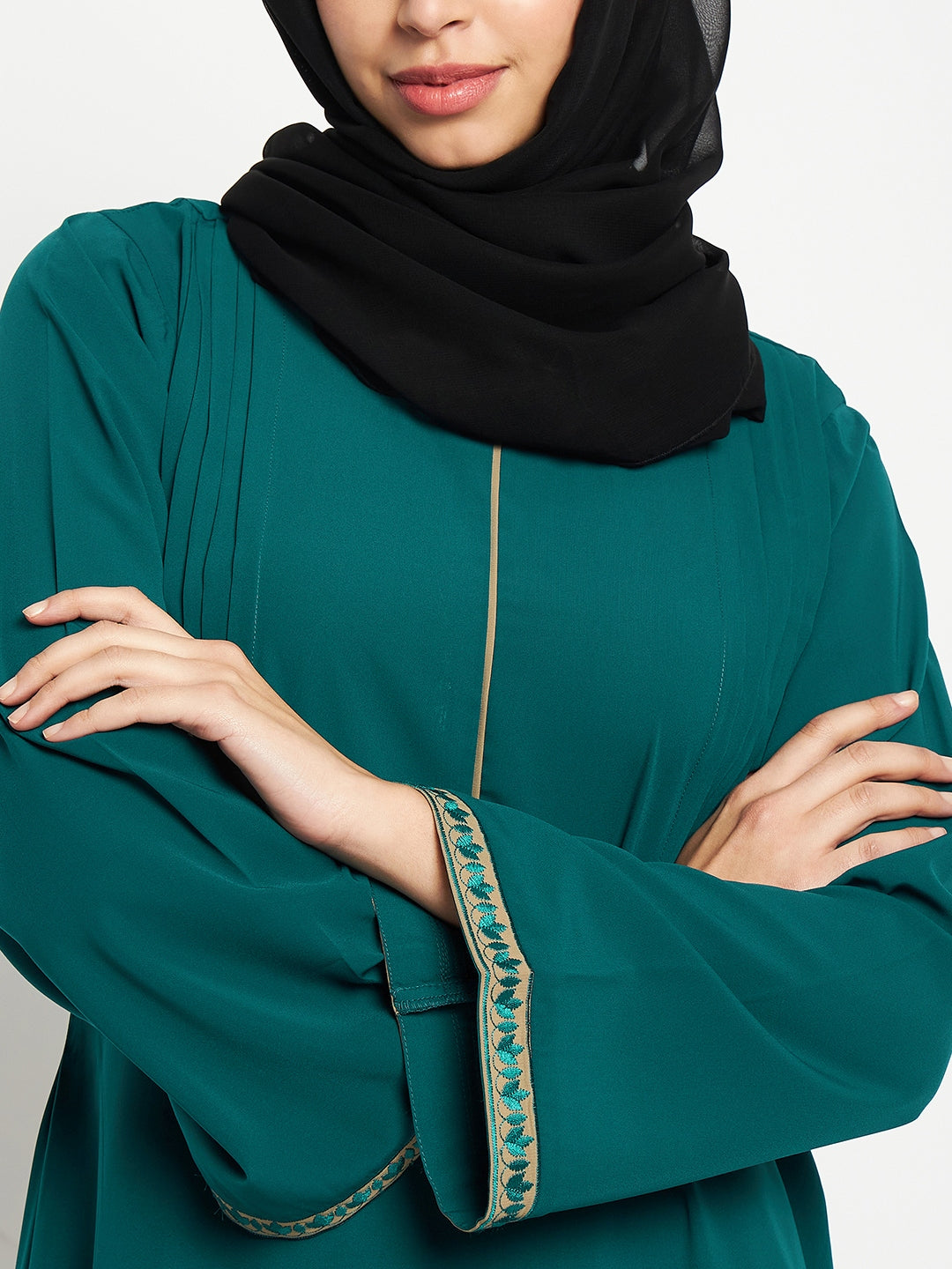 Nabia Embroidery Green Abaya with Black Scarf