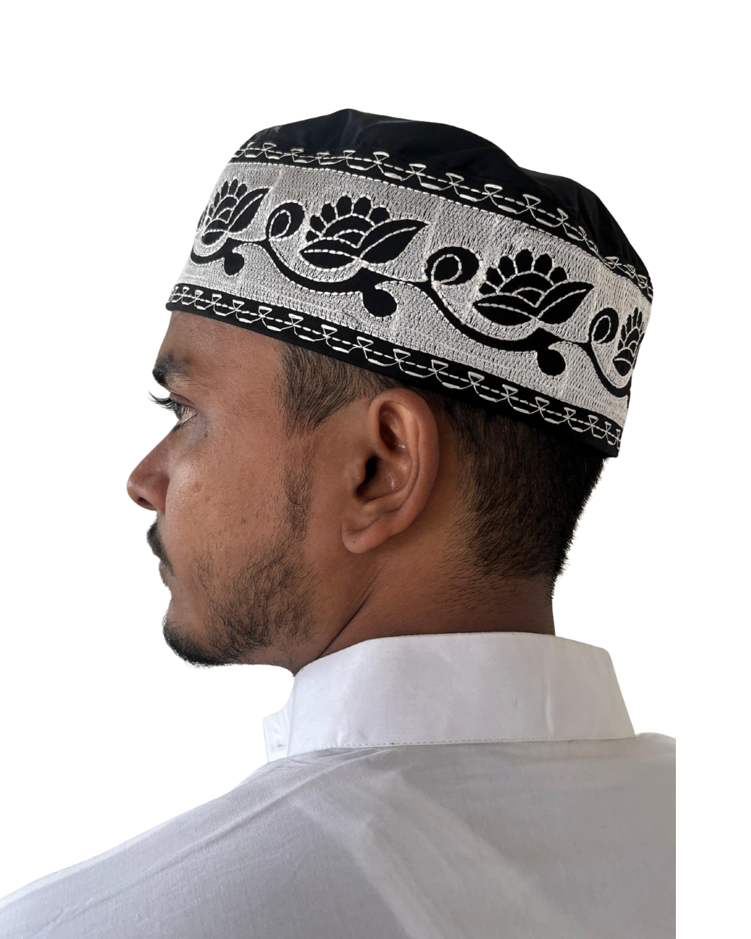 Black Cotton Embroidered Prayer Kufi Cap
