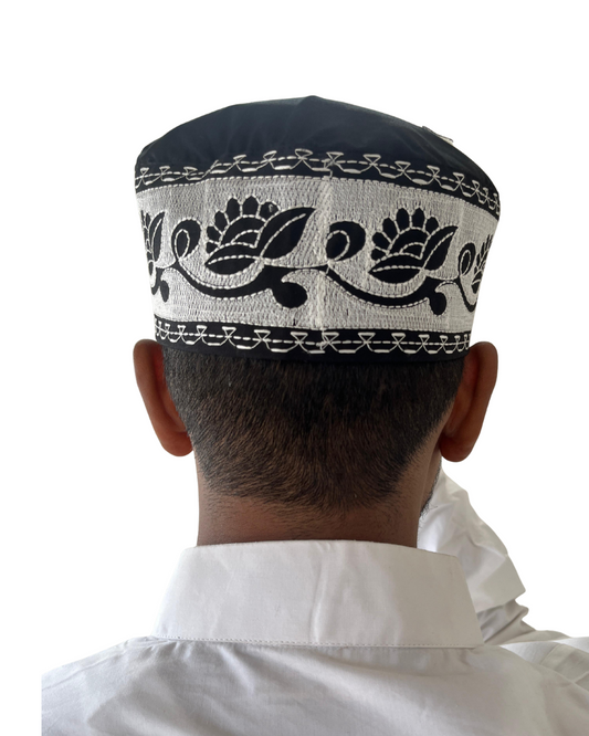 Black Cotton Embroidered Prayer Kufi Cap