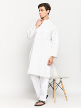 Cotton White Solid Kurta Pajama Set For Men