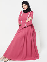 Pink Solid Lace Abaya with Black Georgette Scarf