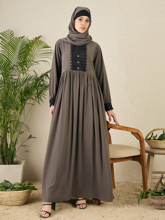 Nabia Grey Lace Work Women Abaya with matching hijab