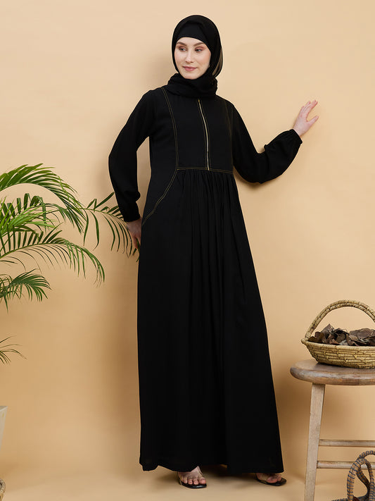 Black Solid Zip Abaya Burqa with Black Georgette Hijab