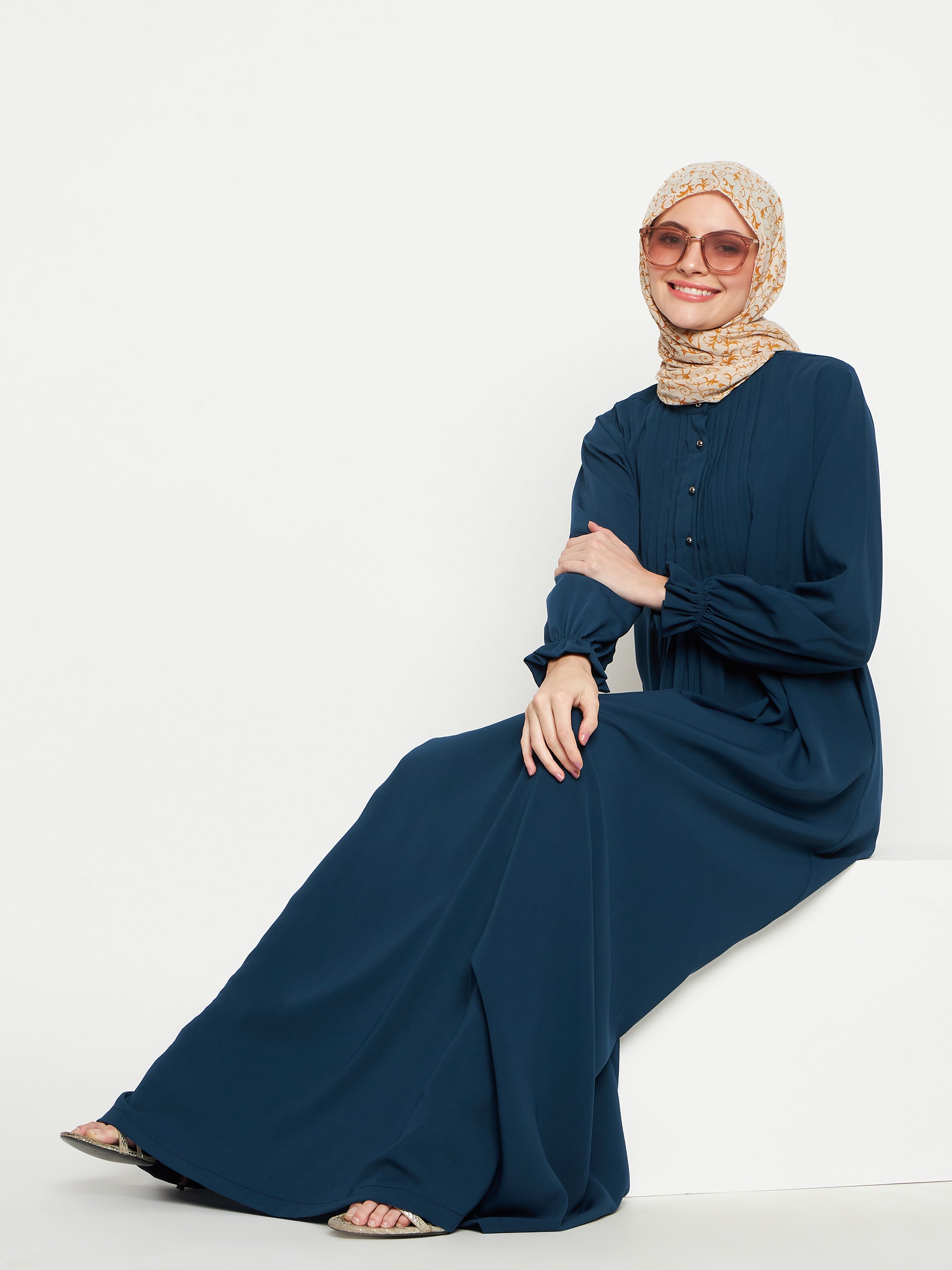 Nabia Women Teal A-line Abaya Burqa with Black Georgette Scarf Nabia Women Teal A-line Abaya Burqa with Black Georgette Scarf