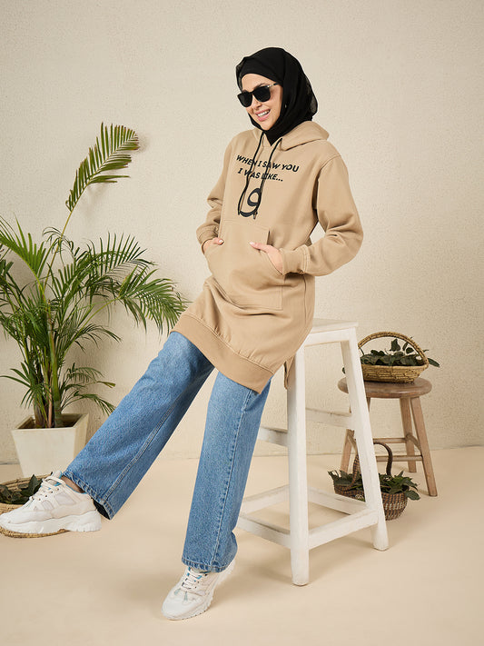 Wow Modest Beige Fleece Winter Hoodie for Women