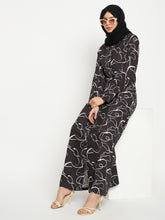 Black Front Open printed Abaya with Georgette Scarf