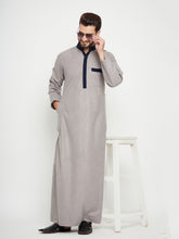 Nabia Grey Solid Thobe/Jubba For Men with Blue Piping Design
