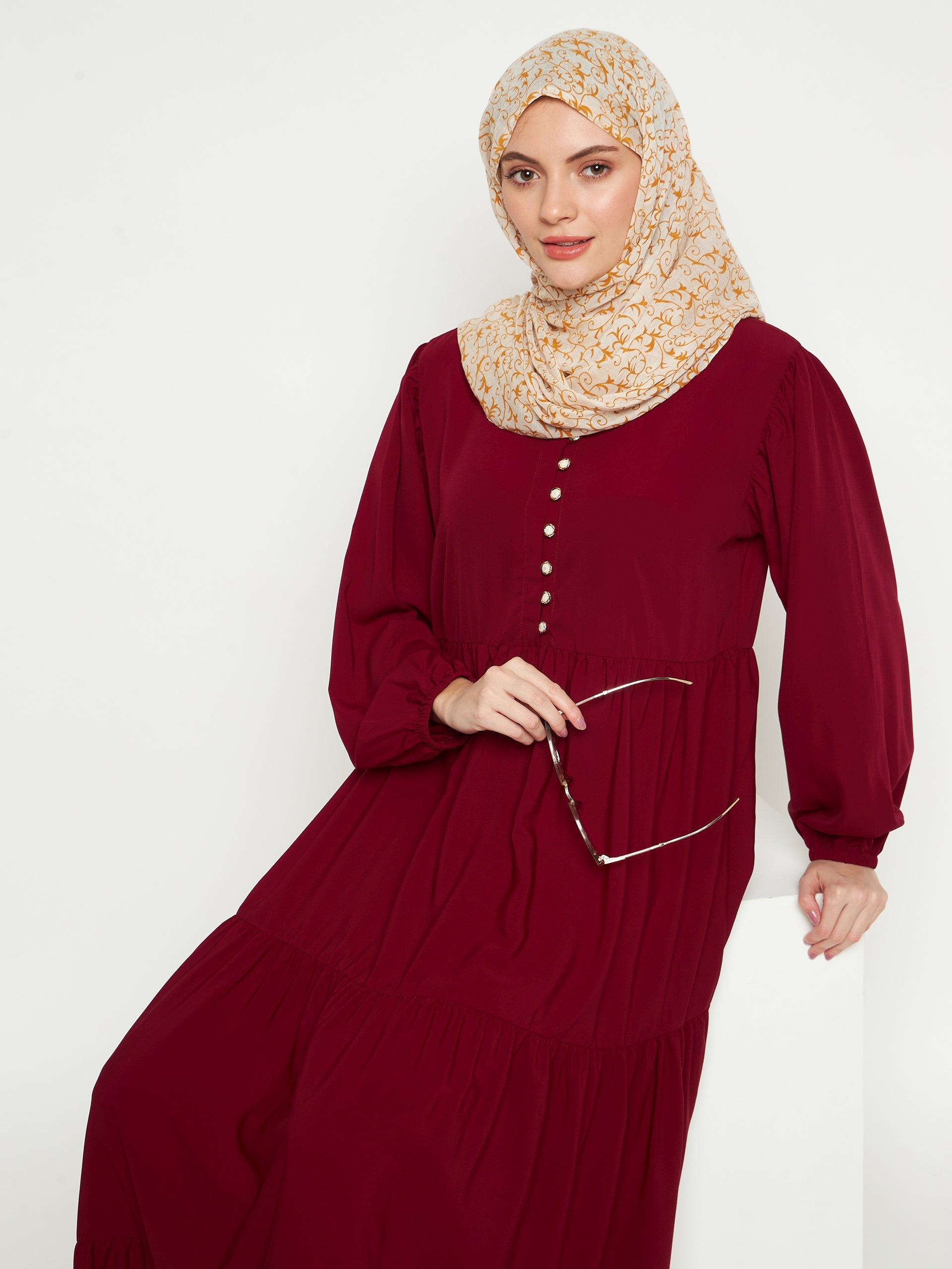 Nabia Women Maroon Frilled Abaya Burqa With Black Georgette Scarf