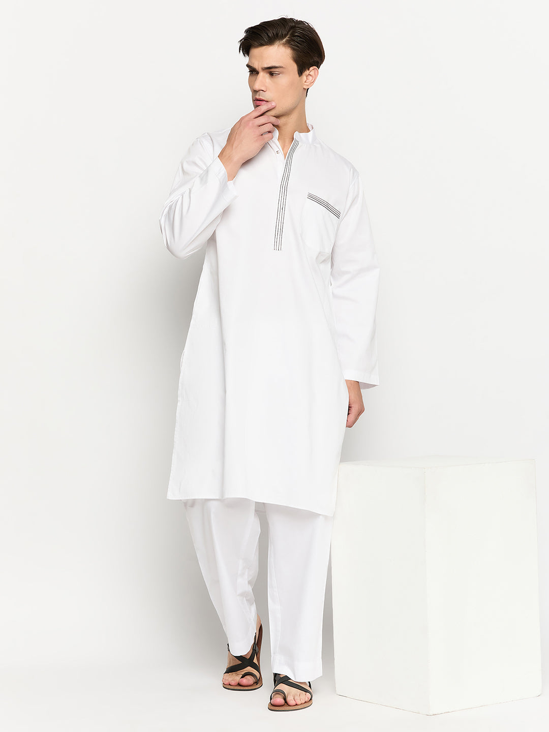 Cotton Fabric Thread Design White Kurta Pajama Set For Men Nabia