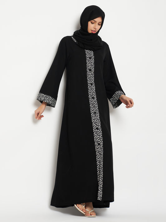 Black Solid A-line Abaya with Black Georgette Scarf
