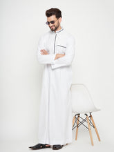 Nabia White Solid Mens Thobe/Jubba with Blue Piping Design