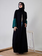 Nabia Kefiyyeh Embroidery Black Front Open Abaya with Black Georgette Hijab