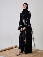 Nabia Front Open Embroidered Black Abaya with Black Georgette Hijab