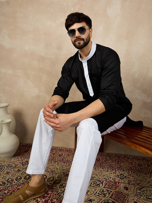 Nabia Black Mandarin Collar Kurta For Men