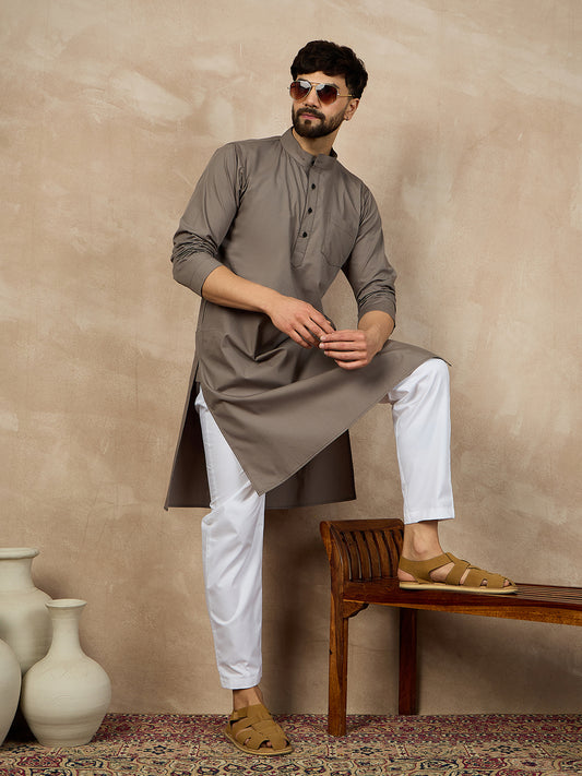 Nabia Grey Solid Cotton Kurta For Men