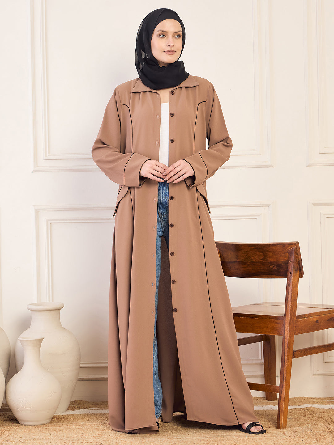 Nabia Rust Front Open Coat Abaya with Black Georgette Hijab