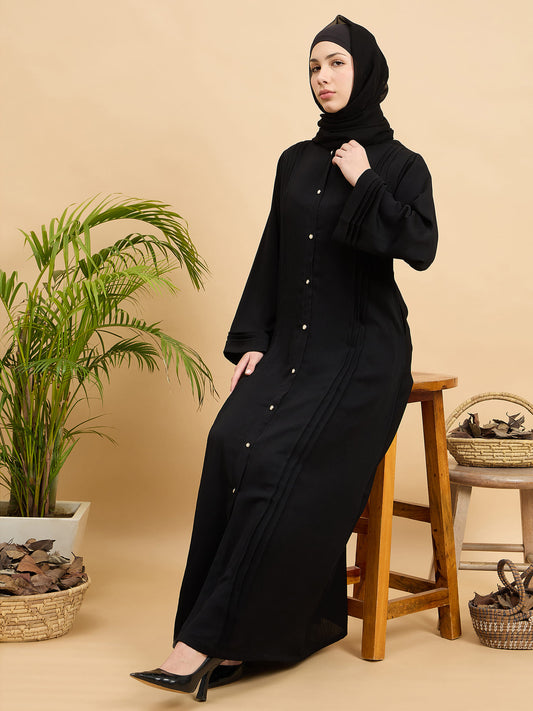 Black Solid Modest Front Open Abaya Burqa with Black Georgette Hijab