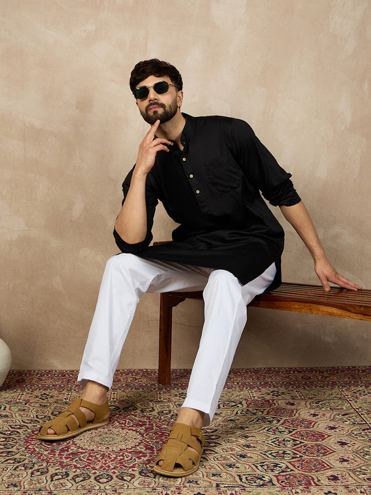 Nabia Black Mandarin Collar Cotton Kurta For Men