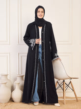 Nabia Black Handwork Front Open Abaya for Women with Black Hijab