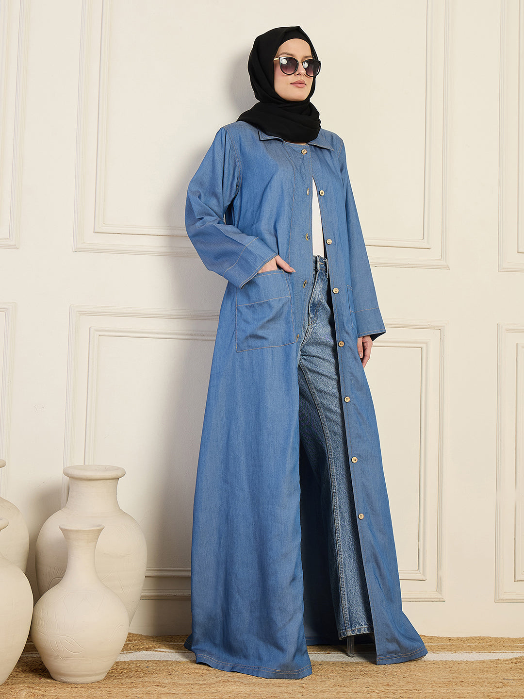 Nabia Front Open Denim Abaya With Black Georgette Hijab