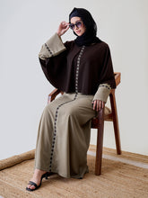 Nabia Embroidered Beige and Brown Abaya with Black Georgette Hijab