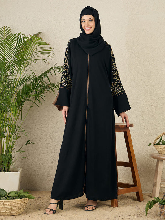 Front Open Black Embroidered Abaya with black hijab