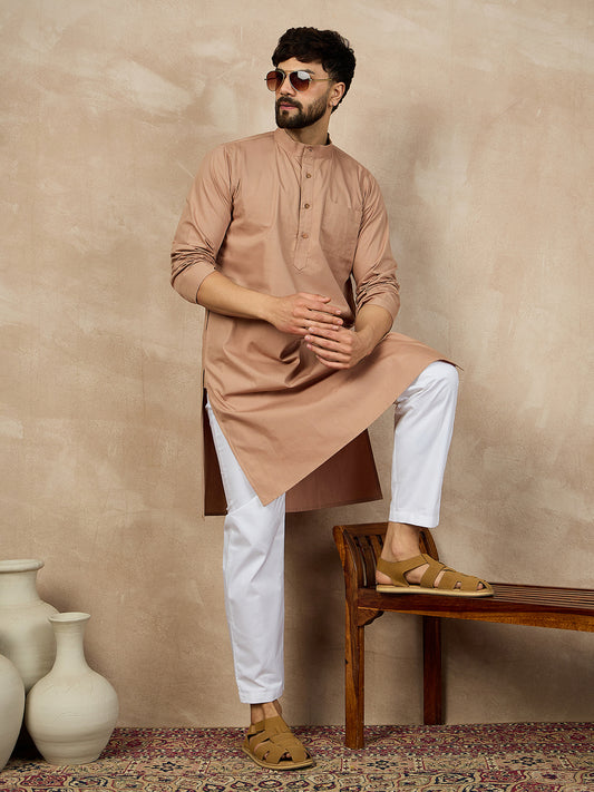 Nabia Beige Solid Cotton Kurta For Men
