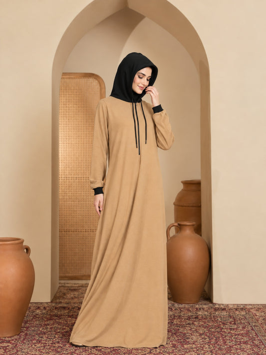 Modest Women’s Beige Jersey Abaya with Attached Hood