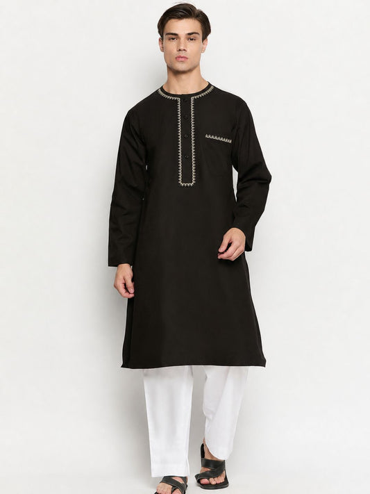 Black Cotton Embroidery Details Men's Kurta Pajama Set