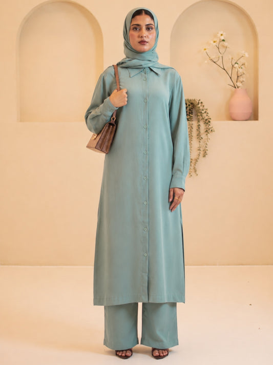 Modest Front Open Pastel Green Long Shirt & Pants Set with Matching Hijab