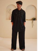 Black Cotton Linen Solid Men’s Kurta Sets