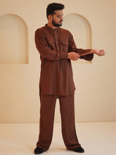 Nabia Men's Cotton Linen Signature kurta sets-Brown