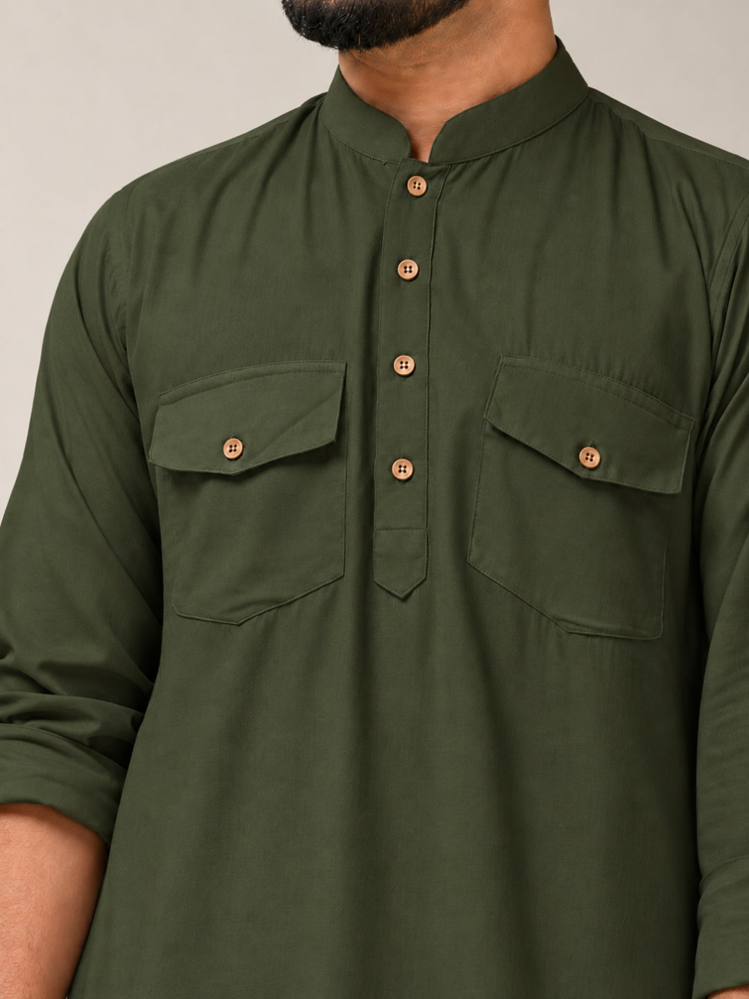 Olive Green Solid Farsi Kurta Pants Set for Men