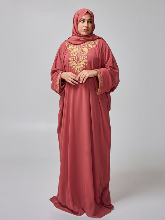Women’s Embroidered Rust Kaftan Abaya with Inner & Hijab