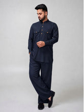 Nabia Men’s Navy Blue Solid Farsi Kurta Pants Set