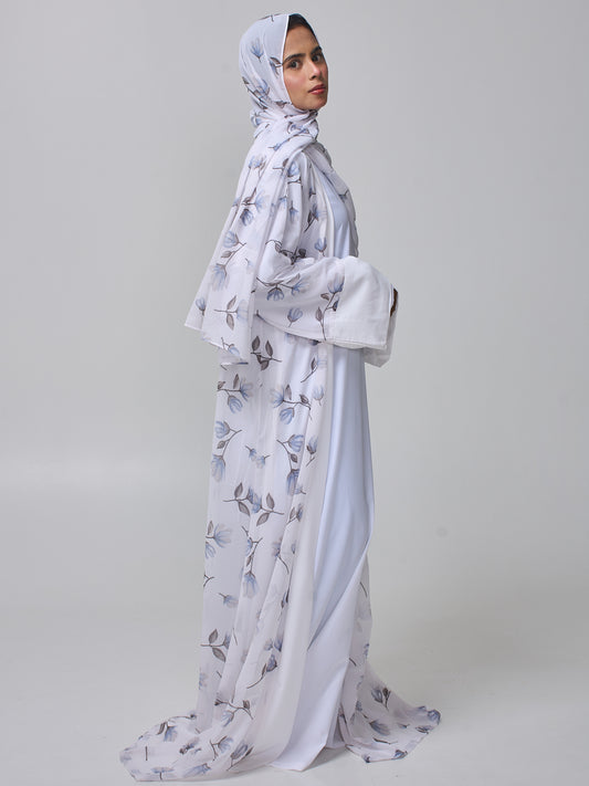 Modest White Printed Abaya Shrug with Inner for Women & Matching Hijab